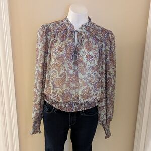Rachel Zoe green, purple and tan paisley print sheer top size M